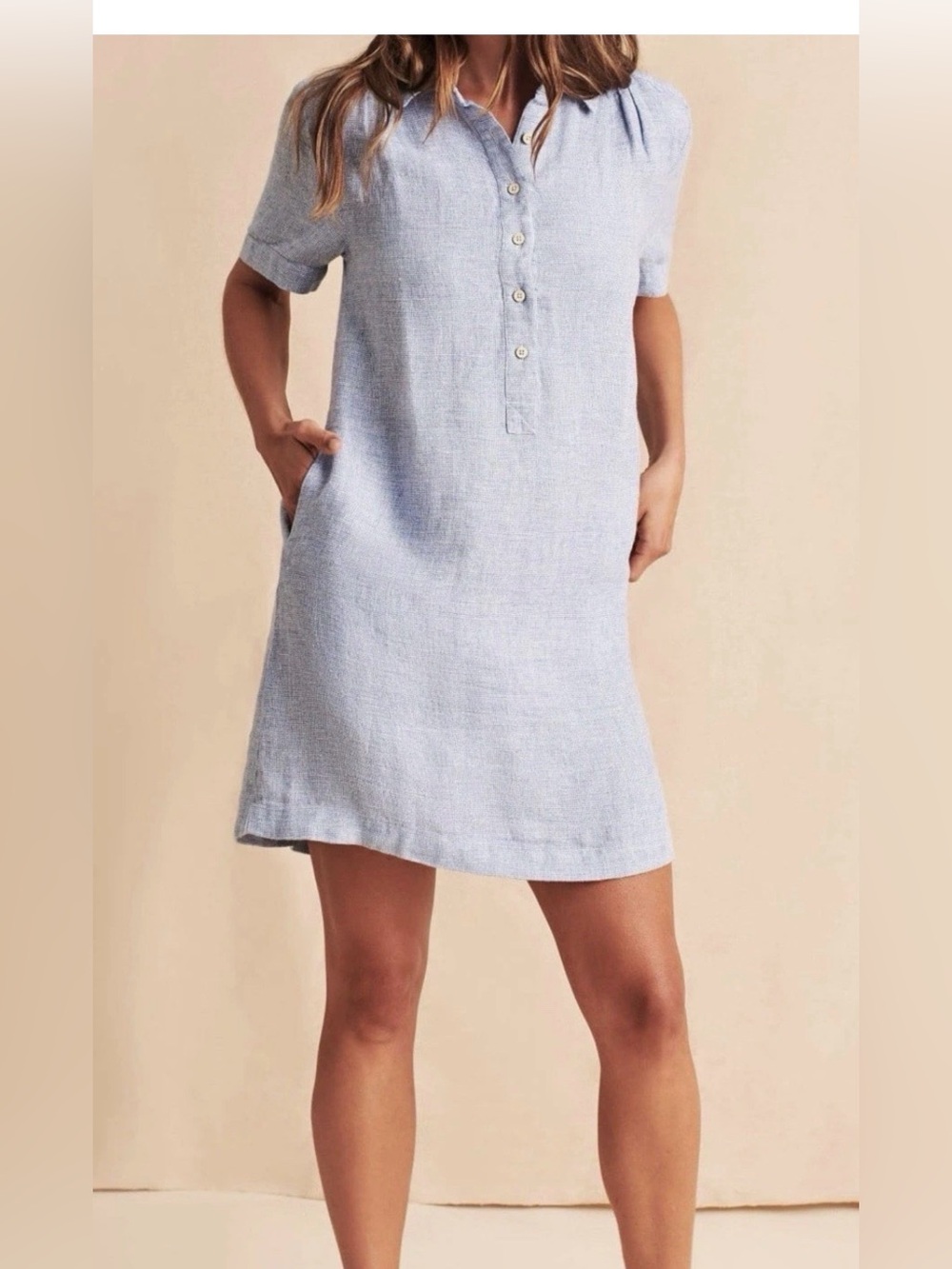 Faherty Blue 100% Linen Shift Dress Short Sleeve Pockets Resort Quiet Luxury XS
